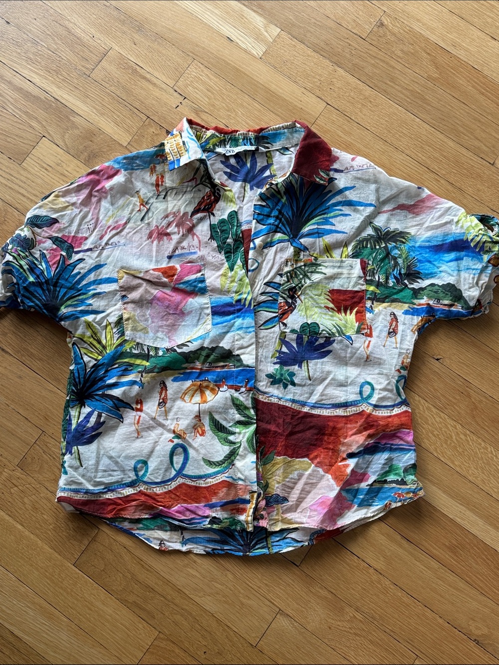Zara Tropical Print Short-Sleeve Button-Up Shirt - Multicolor